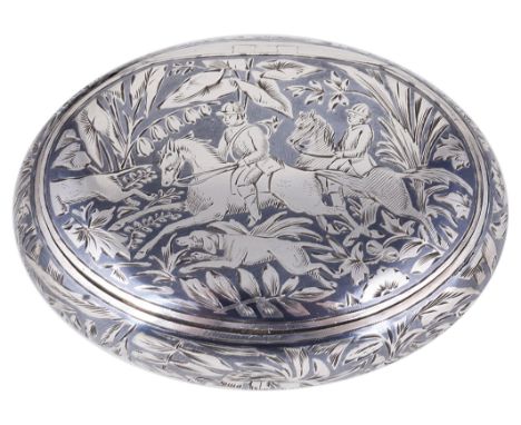 A FRENCH SILVER AND NIELLO SNUFF BOX  A. DUBOIS  MID 19TH CENTURY ovoid  squeeze opening  decorated all over with two mounted