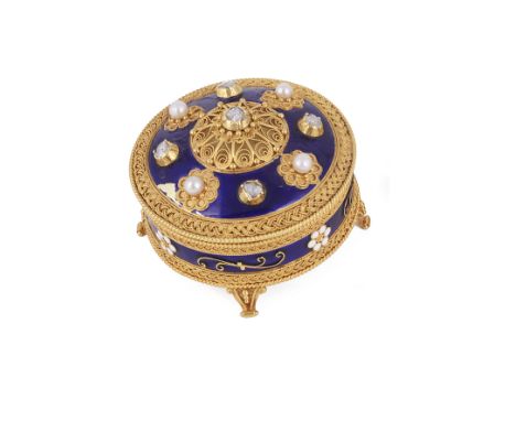 A JEWELLED GOLD AND ENAMELLED BOX AND COVER  CONTINENTAL  1920s circular  the cover diamond and pearl set  blue enamel ground