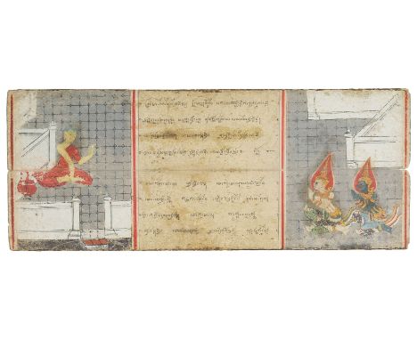 TWO DOUBLE FOLIOS FROM A BUDDHIST MANUSCRIPT  THAILAND  19TH CENTURY of horizontal form  gouache  with black ink on thick pap