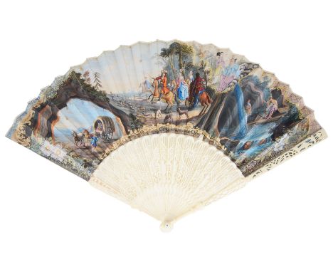 ˜AN IVORY FAN  ‘THE HUNTING PARTY’  ENGLISH  CIRCA 1740 the double paper leaf painted with an equestrian group of hunters abo