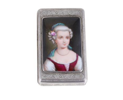 AN AUSTRO-HUNGARIAN SILVER SNUFF BOX  MAKER’S MARK AK  PRAGUE  CIRCA 1860 oblong  the lid set with a porcelain panel painted 