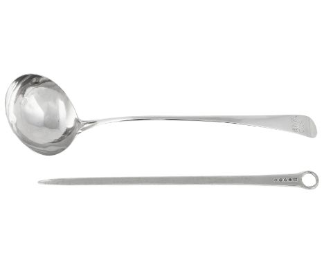A GEORGE III SILVER SOUP LADLE  HESTER BATEMAN  LONDON  1787 Old English pattern  initialled JMC  34cm long; together with a 