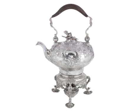 A GEORGE II SILVER TEA KETTLE  JOHN JACOB  LONDON  1753 ogee shaped  chased to the shoulders and domed lid with Rococo scroll