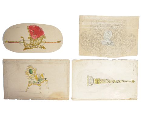 FOUR DRAWINGS OF DESIGNS FOR OBJECTS JAIPUR INDIA LATE 19TH CENTURY ink watercolour and pencil on paper comprising a throne w