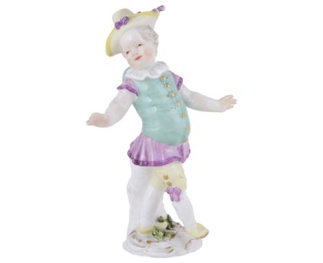 A MEISSEN FIGURE OF A CHILD AS PULCINELLA  CIRCA 1765 modelled by Johann Joachim Kändler (1706-1775) dancing with raised leg 