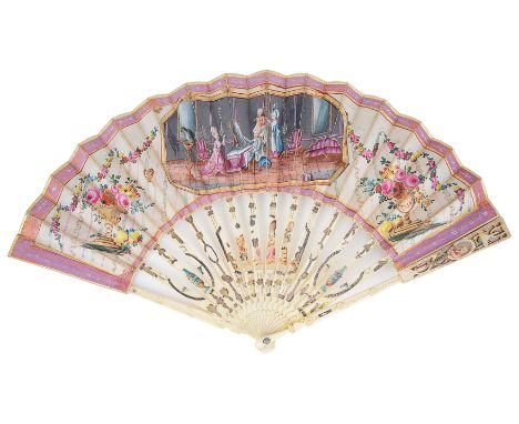 ˜AN IVORY FAN  ‘THE HAIRDRESSER’  FRENCH  CIRCA 1775 the double paper leaf painted within a canted rectangle with a seated ge