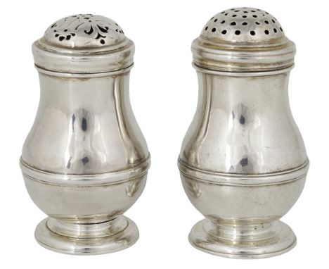 TWO GEORGE I SILVER BUN PEPPERS  WILLIAM FLEMING  LONDON  1718 typical girdled baluster form  one with pellet pieced cover  u