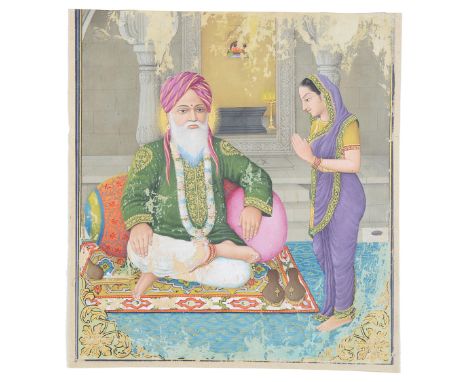 A PORTRAIT OF MANIK PRABHU  INDIA  LATE 19TH CENTURY gouache with gold on paper  the Hindu philosopher  seated on a rug in a 