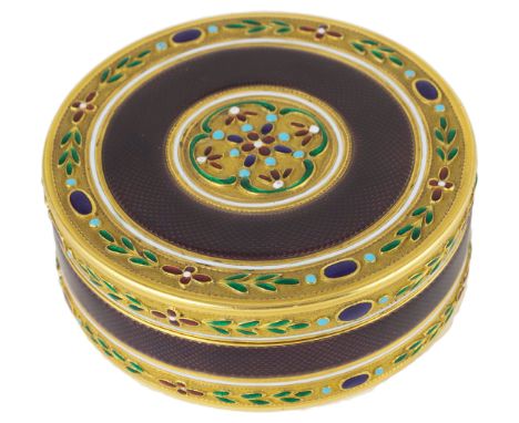 A FRENCH ENAMELLED GOLD SNUFF BOX AND COVER  MAKER’S MARK INDISTINCT  PARIS  1779 with an aubergine guilloché enamel band bor