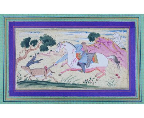 ‡A HORSEMAN HUNTING AN ANTELOPE STYLE OF MUIN MASAVVIR ISFAHAN PERSIA 17TH CENTURY gouache with gold on paper laid on an albu