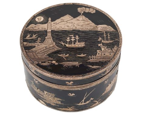 ˜AN ITALIAN GOLD-MOUNTED TORTOISESHELL AND PIQUE WORK SNUFF BOX AND COVER  NAPLES  CIRCA 1770 circular  with zigzag patterned