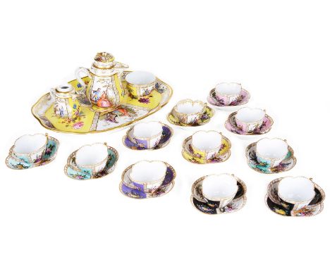 A GROUP OF DRESDEN PORCELAIN  LATE 19TH CENTURY comprising a set of eleven harlequin quatrelobed cups and saucers  each paint