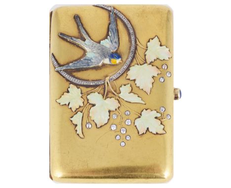 A DIAMOND  GOLD AND ENAMEL CIGARETTE CASE  1890s oblong  the front applied with an enamelled swallow flying through a rose di