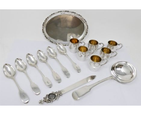 A SET OF SIX MALTESE SILVER TEASPOONS  LT. GENERAL HILDEBRAND OAKES PERIOD  CIRCA 1815 Fiddle pattern  engraved armorials  F 