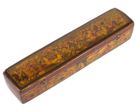 ‡A QAJAR LACQUER PEN BOX PERSIA 19TH CENTURY of rectangular form with convex hinged lid painted with a battle scene further s