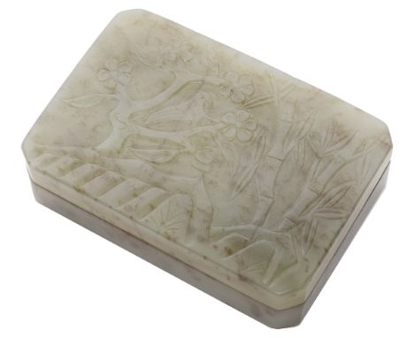 A CHINESE SMALL RECTANGULAR CELADON JADE BOX AND COVER the shallow-sided box with canted corners and flat base  the slightly 