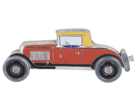 A CONTINENTAL ENAMELLED SILVER NOVELTY COMPACT  PROBABLY ITALIAN  CIRCA 1929 formed as a stylised Alfa Romeo 6C with James Yo