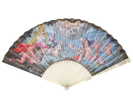 ˜AN IVORY FAN  ‘THE ARRIVAL OF THE HESPERIDES IN NAPLES’  ITALIAN  CIRCA 1700 the single vellum leaf painted after Giovanni L