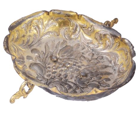 A HUNGARIAN GILT COPPER SOUVENIR WINE TASTER  HERRENGRUND  CIRCA 1745 oval with shaped lip  richly embossed and chased with g