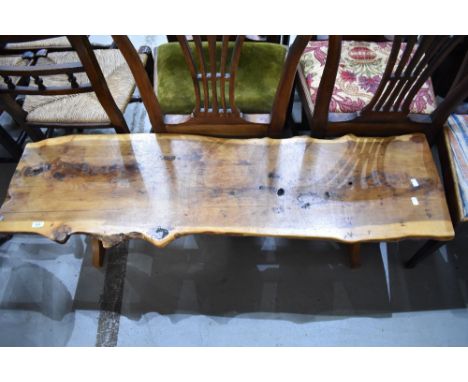 A yew wood natural top form style bench seat, surface scratches etc , frame sound W136 H42 D42cm