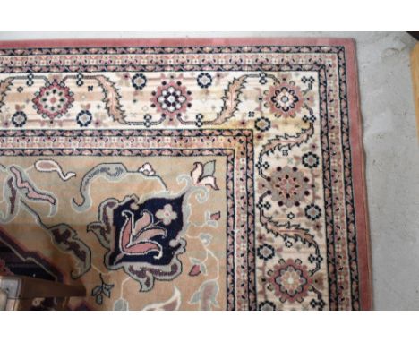 A Chinese room size carpet square, approx 340 x 243cm, with cream , jade and pink tones