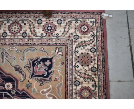 A Chinese room size carpet square, approx 290 x 203cm, with cream , jade and pink tones