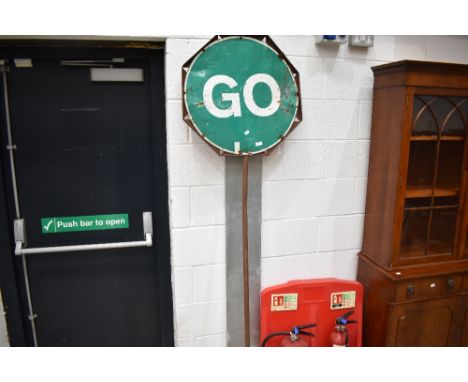 A traffic management manual stop/go sign.