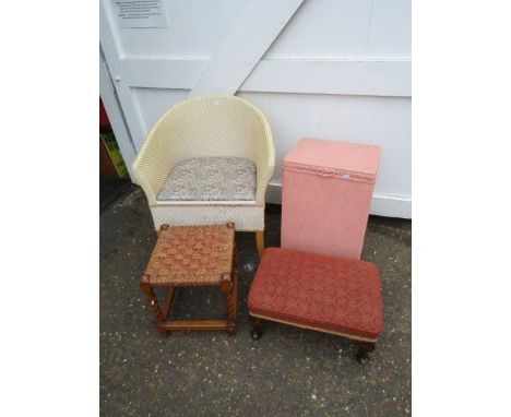 Lloyd Loom style commode chair, storage box and 2 stools 