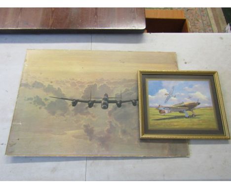 'Outbound Lancaster' by Gerald Coulson print on board (51cm x 76cm approx) and framed Mike Delaney 86 Hurricane print