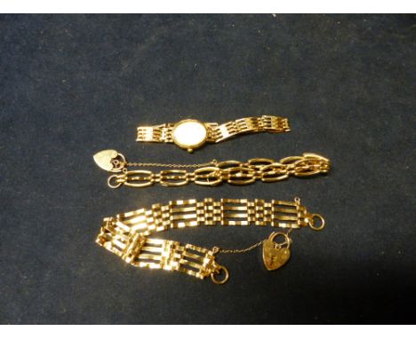 TWO 9CT GOLD GATE BRACELETS WITH HEART CLASPS AND A GOLD BRACELET WATCH