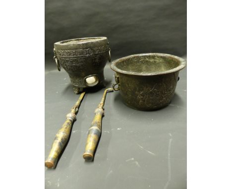 TWO ARCHAIC STYLE BRONZE VESSELS AND SCRIBES TOOLS