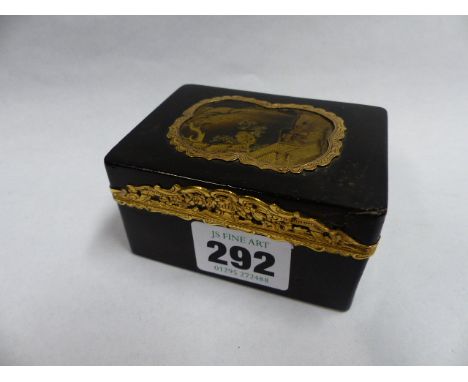 AN EARLY 19TH.C.LACQUERED RECTANGULAR SNUFF BOX WITH GILDED MOUNTS
