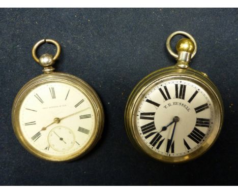 TWO LATE 19TH CENTURY RAILROAD STYLE POCKET WATCHES, ONE BY T R RUSSELL, THE OTHER, T RUSSELL & SON (2)