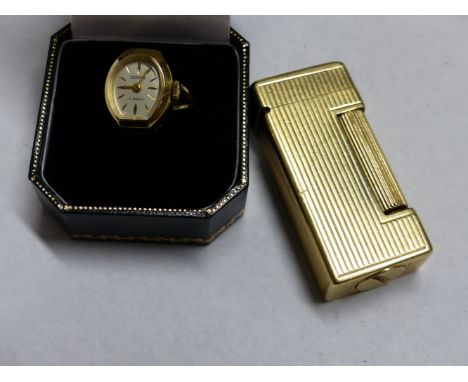 A DUNHILL CIGARETTE LIGHTER, OUTER JACKET 14K. 5CM HIGH TOGETHER WITH A ROLLED GOLD RING WATCH (2)