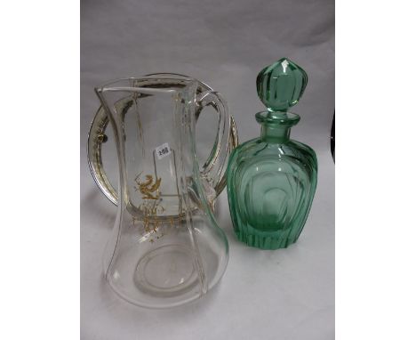 A SILVER PLATED COCKTAIL TRAY, A GREEN GLASS DECANTER AND JUG WITH GILDED CYPHER DECORATION