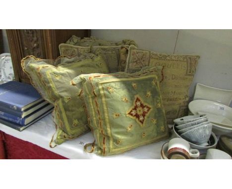 6 cushions including tapestry, 2 new marked English Home E905T Helen Net Terracotta priced at £115.25 each
