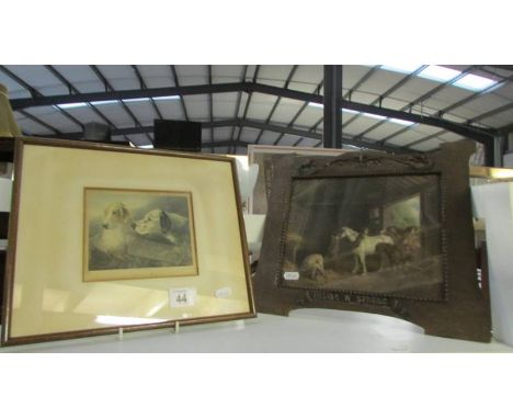 A Heywood Hardy Setters at work coloured engraving and a print of horses in stable in a carved oak frame.