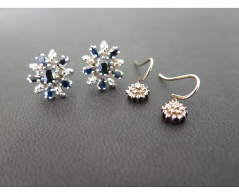 A pair of 9ct gold sapphire and diamond snowflake cluster ear studs - Partial hallmark - Length 1.5cms  - Together with a pai