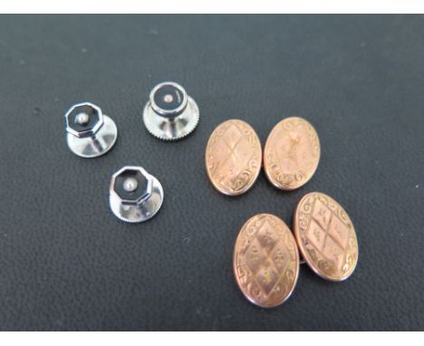 A pair of 9ct gold cufflinks - Hallmarked Birmingham - Together with three enamel and seed pearl dress studs - Stamped 9ct - 
