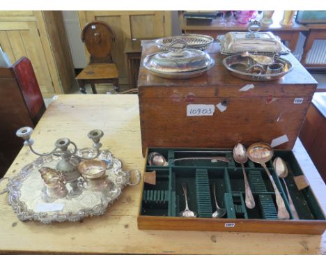 A quantity of silver plated items including serving dish, tray, ladle, candelabra etc.