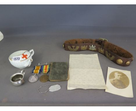 Two World War I medals to 29729 Pte A Reed BEDF R, a belt with Cambridgeshire Regiment badges, a letter from Germany dated 19