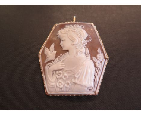 A hexagonal shell cameo pendant - depicting a lady and a bird - Stamped 750 - Length 6.3cms - Weight approx 11.6gms
Condition