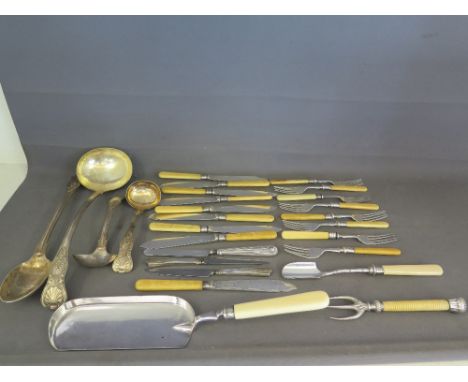 A selection of silver hallmarked flatware and silver plated wares including Elkington plate ladle, large spoon and two smalle