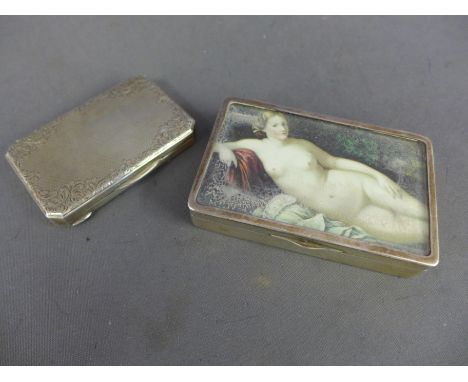 A good Continental silver gilt lined snuff box, the top with a print of a naked reclining female set into the lid under bevel