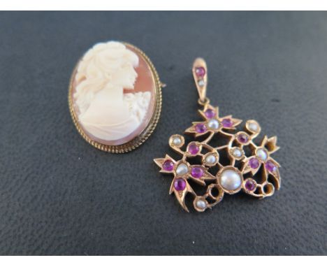A seed pearl and ruby pendant - Tests as high carat gold - Length 3.5cms - Weight approx 4.7gms - Together with a 9ct gold sh