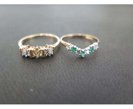 A diamond and yellow-gem triple cluster ring - Stamped 10K - Ring size O - Together with a 9ct gold emerald and white-gem che