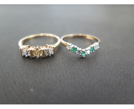 A diamond and yellow-gem triple cluster ring - Stamped 10K - Ring size O - Together with a 9ct gold emerald and white-gem che