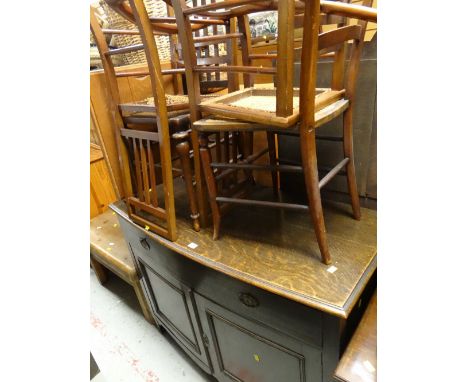 A vintage oak sideboard together with rush seated chairs & an embroidered fire screen