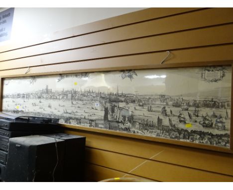 A reproduction framed panoramic print across the Thames, London in the 17th Century