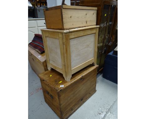A vintage metal-handled pine trunk together with two other pine boxes